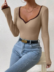 Contrast Trim Long-Sleeve Knit Top