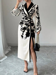 Slit Long-Sleeve Wrap Midi Dress