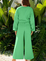 Drop-Shoulder Puff Sleeve Crop Top and Drawstring Wide-Leg Pants Set