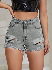 Distressed Raw Hem High-Rise Denim Shorts