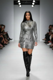 Long Sleeve Body Con Pu Silver Snake Mini