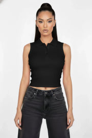 Preppy Muse Sleeveless Polo Crop Top