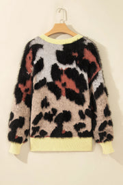 Leopard Colorblock Trim Drop Shoulder Fuzzy Sweater