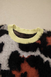 Leopard Colorblock Trim Drop Shoulder Fuzzy Sweater
