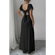 Swiss Dot Lace V Neck A Line Knot Back Dress