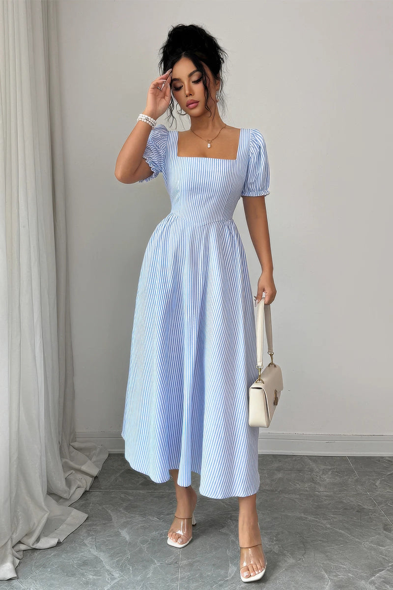 Coastal Charm Striped Puff-Sleeve Flowy Dress