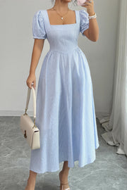 Coastal Charm Striped Puff-Sleeve Flowy Dress