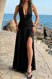 Valentina Ruched High-Slit Halter Maxi Dress