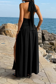 Valentina Ruched High-Slit Halter Maxi Dress