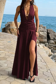 Valentina Ruched High-Slit Halter Maxi Dress