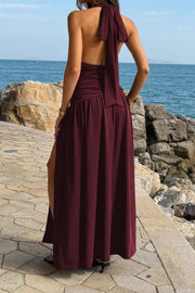 Valentina Ruched High-Slit Halter Maxi Dress
