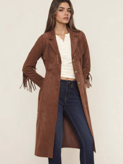 Fringe Lapel Collar Long-Sleeve Coat
