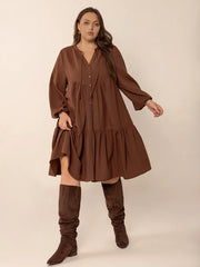 Tie Neck Balloon Sleeve Tiered Dress - Plus Size