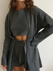 Waffle-Knit Round-Neck Tee, Open-Front Cardigan and Shorts Set