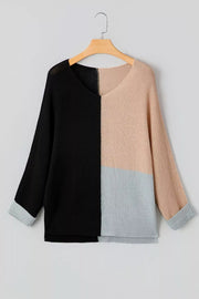 Color-Block Knit V-Neck Relaxed Sweater