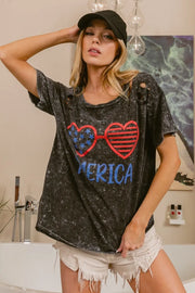BiBi 4th Of July Theme Mineral Washed Laser Cut Top