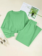 Drop-Shoulder Puff Sleeve Crop Top and Drawstring Wide-Leg Pants Set