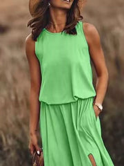 Round-Neck Sleeveless Slit Maxi Dress - Plus Size