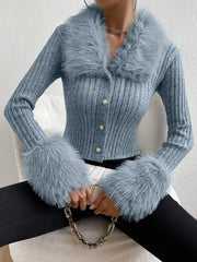 Faux Fur Trim Rib-Knit Cropped Cardigan