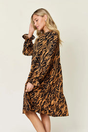 Double Take Full Size Printed Ruffle Hem Long Sleeve Dress Plus Size
