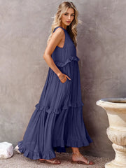 Ruffled Sleeveless Tiered Maxi Dress Pocketed