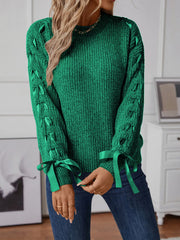 Ribbon-Tie Sleeve Round-Neck Sweater