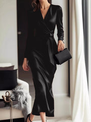 Satin Wrap Long-Sleeve Midi Dress
