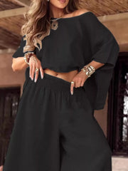 Boat-Neck Top and Wide-Leg Pants Set - Plus Size