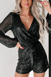 Sequin Surplice Long-Sleeve Romper
