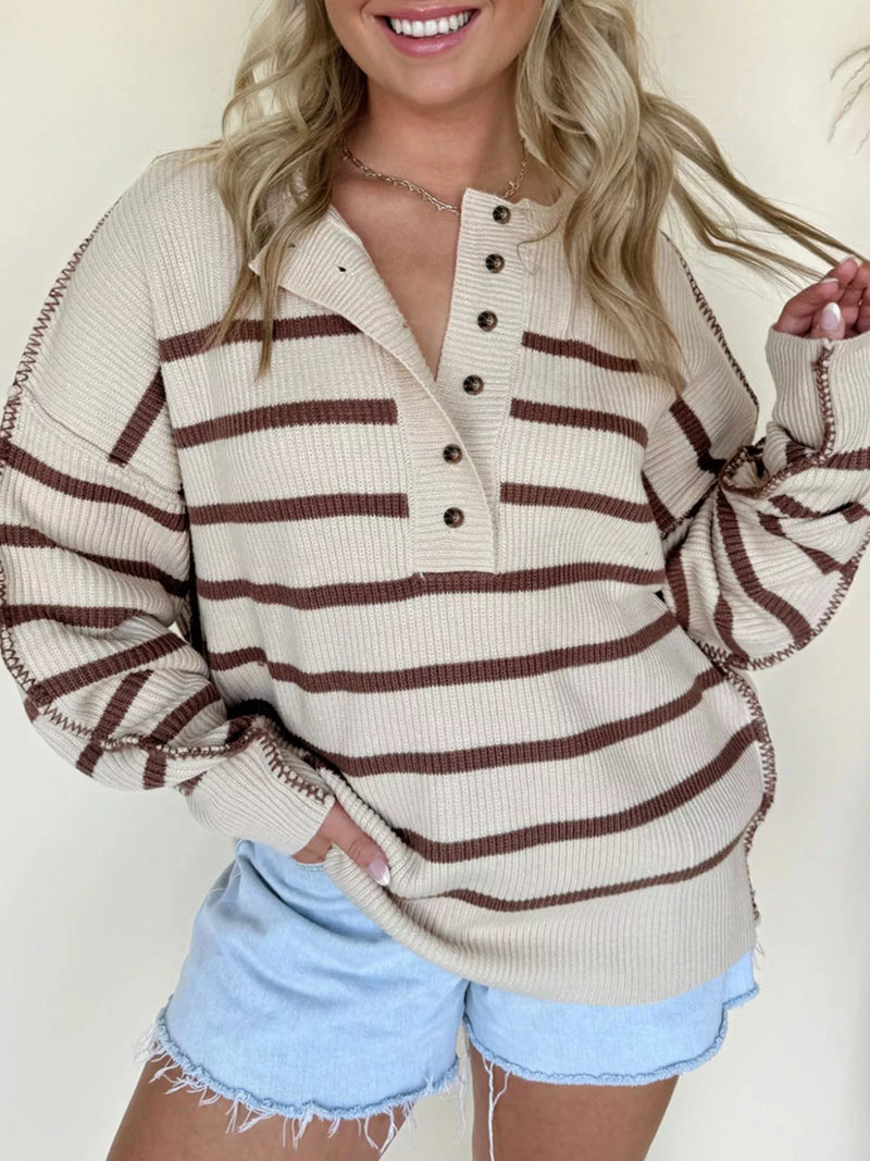Stripe Ribbed Henley Drop-Shoulder Slouchy Sweater