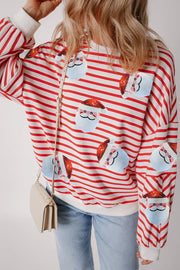 Sequin Santa Striped Round-Neck Long-Sleeve Sweatshirt