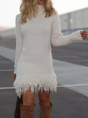 Fringe Turtleneck Long-Sleeve Sweater Dress