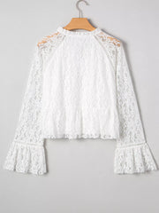 Tie Neck Lace Ruffle Detail Long-Sleeve Blouse