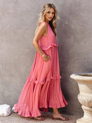 Ruffled Sleeveless Tiered Maxi Dress Pocketed