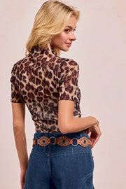 BiBi High Neck Leopard Mesh Short-Sleeve Top