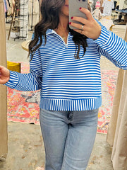 Stripe Quarter Zip Collar Long-Sleeve Top