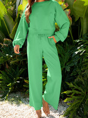 Drop-Shoulder Puff Sleeve Crop Top and Drawstring Wide-Leg Pants Set