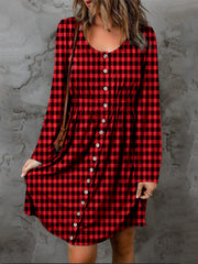 Plaid Round-Neck Long-Sleeve Magic Dress - Plus Size
