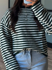 Button Detail Drop-Shoulder Striped Sweater