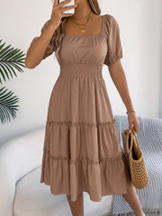 Square-Neck Short Puff Sleeve Dress