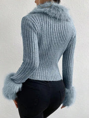 Faux Fur Trim Rib-Knit Cropped Cardigan
