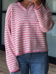 Button Detail Drop-Shoulder Striped Sweater