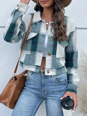 Plaid Button-Up Drop-Shoulder Cropped Jacket