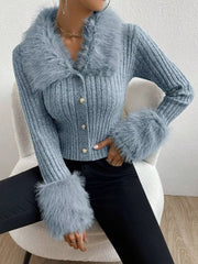 Faux Fur Trim Rib-Knit Cropped Cardigan
