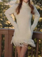 Fringe Turtleneck Long-Sleeve Sweater Dress