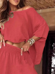 Boat-Neck Top and Wide-Leg Pants Set - Plus Size