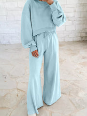 Drop-Shoulder Puff Sleeve Crop Top and Drawstring Wide-Leg Pants Set