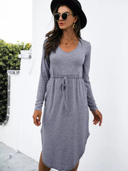 Drawstring Waist Long-Sleeve Dress