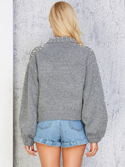Pearl-Embellished Mock-Neck Sweater