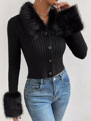 Faux Fur Trim Rib-Knit Cropped Cardigan